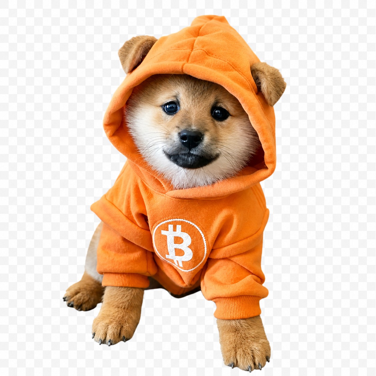 Dog in orange Bitcoin hoodie
